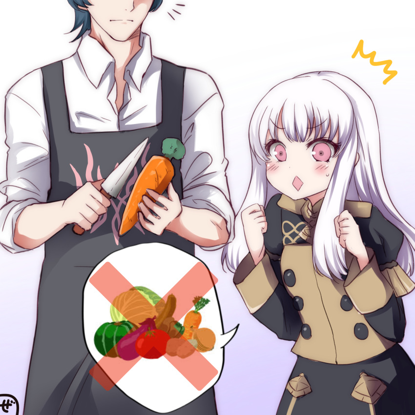 1boy, 1girl, apron, arms_up, blue_hair, blush, byleth_(fire_emblem), byleth_eisner_(male)