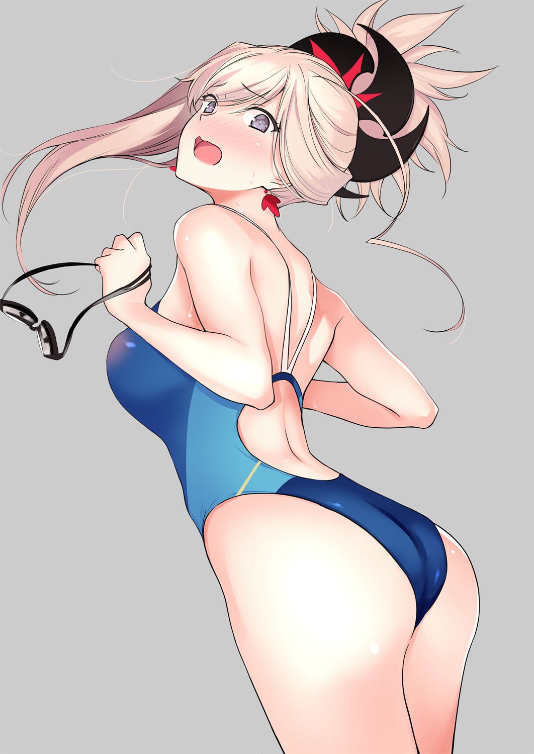 1girl, ass, asymmetrical_hair, blue_eyes, blue_swimsuit, commentary_request, competition_swimsuit, earrings