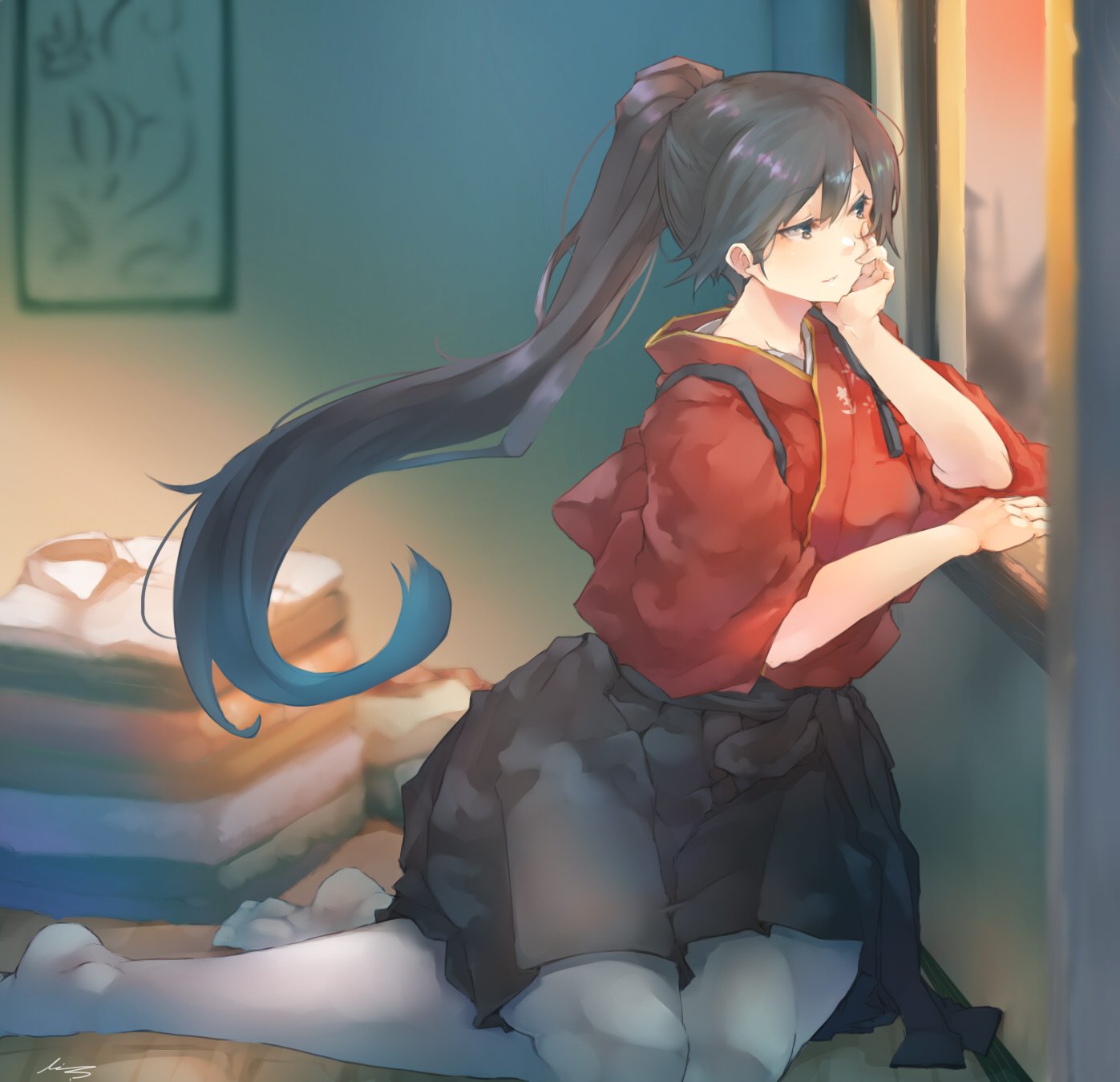 1girl, akicosmossakasa, black_hair, black_hakama, black_skirt, brown_eyes, commentary_request, folded_clothes