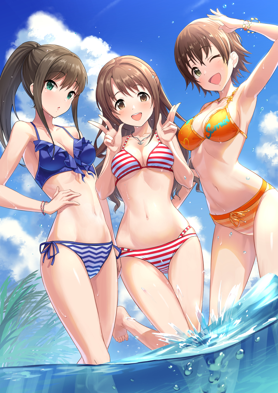 3girls, armpits, bare_shoulders, barefoot, bikini, blush, bracelet, breasts