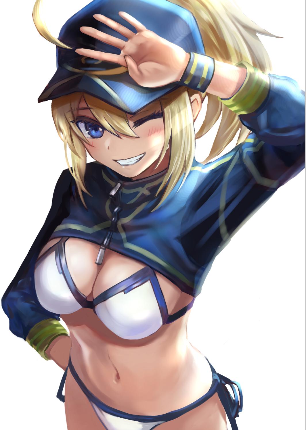 1girl, ahoge, artoria_pendragon_(all), baseball_cap, bikini, blonde_hair, blue_eyes, blue_headwear
