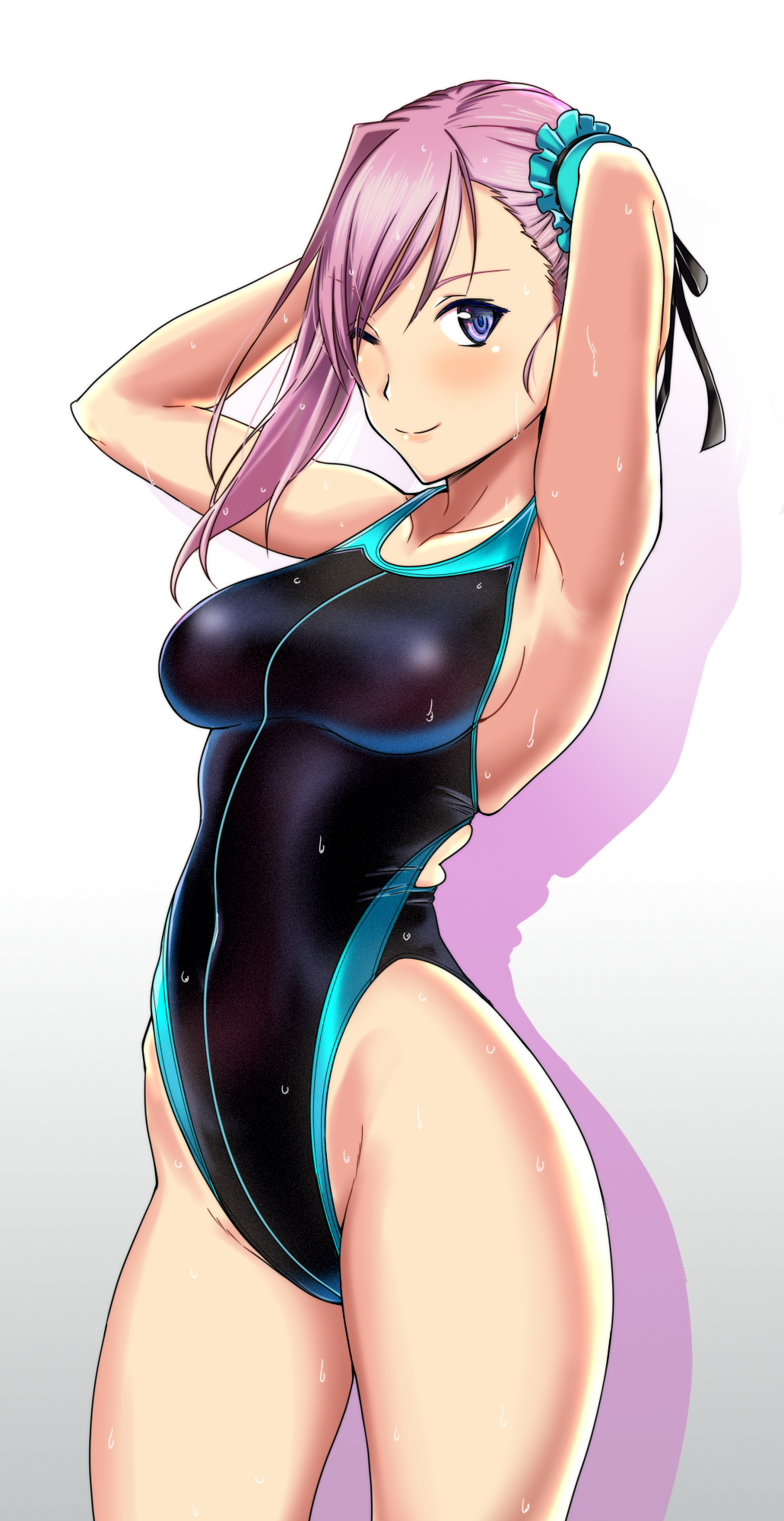 1girl, aiuchi, arms_behind_head, black_swimsuit, blue_eyes, breasts, bun_cover, competition_swimsuit