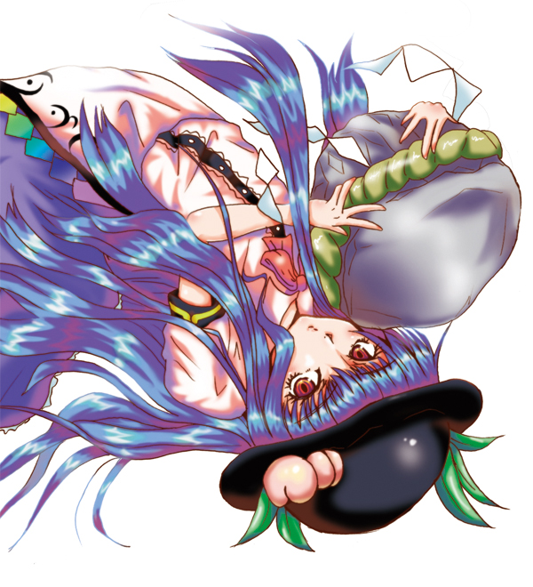 food, fruit, hat, hinanawi_tenshi, kakkodan, keystone, long_hair, peach