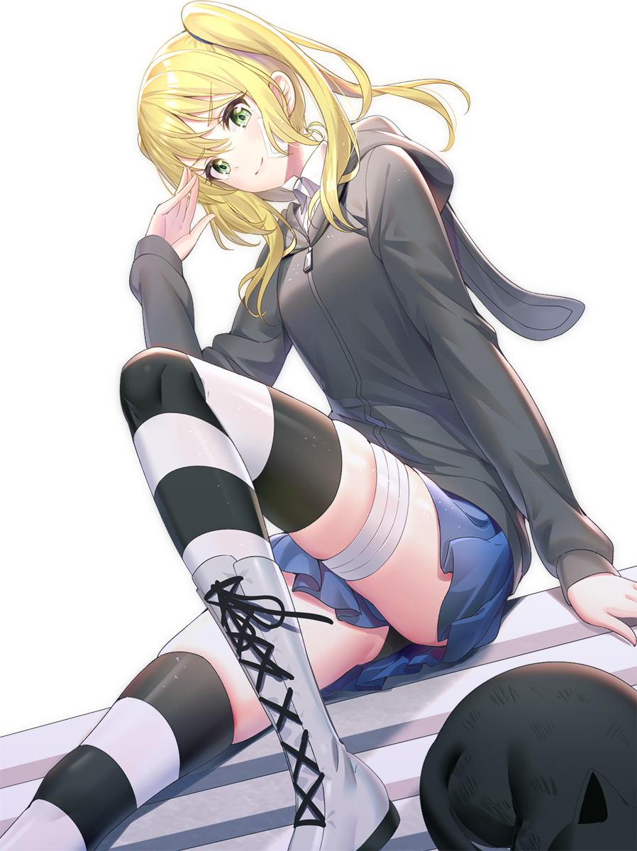 1girl, 1other, animal, animal_ears, animal_hood, arm_support, bandaged_leg, bandages, bangs, black_cat, black_jacket, black_panties, blonde_hair, blue_skirt, blush, boots, breasts, bunny_hood, cat, collared_shirt, commentary_request, cross-laced_footwear, eyebrows_visible_through_hair, fake_animal_ears, green_eyes, hair_between_eyes, hand_up, highres, hood, hood_down, hooded_jacket, human, jacket, joshi_kousei_no_mudazukai, kadokawa_shoten, knee_up, lace-up_boots, long_legs, long_sleeves, looking_at_viewer, panties, passione_(studio), pleated_skirt, rabbit_ears, ririko_(zhuoyandesailaer), shirt, sitting, skindentation, skirt, sleeves_past_wrists, small_breasts, solo, striped, striped_legwear, thigh-highs, twintails, underwear, white_background, white_footwear, white_shirt, yamamoto_minami