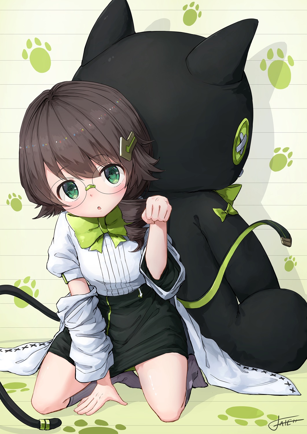 1girl, :o, bangs, black_skirt, blouse, bow, bowtie, brown_hair, drill_hair, ekusufeito, eyebrows_visible_through_hair, glasses, green_bow, green_eyes, green_neckwear, grey_legwear, hair_ornament, head_tilt, highres, honkai_(series), honkai_impact_3rd, kneehighs, kneeling, long_sleeves, miniskirt, no_shoes, off_shoulder, parted_lips, paw_pose, paw_print, pencil_skirt, round_eyewear, schrodinger_(honkai_impact), shadow, short_hair, short_hair_with_long_locks, side_drill, signature, skirt, socks, solo, stuffed_animal, stuffed_cat, stuffed_toy, white_blouse, white_coat, younger