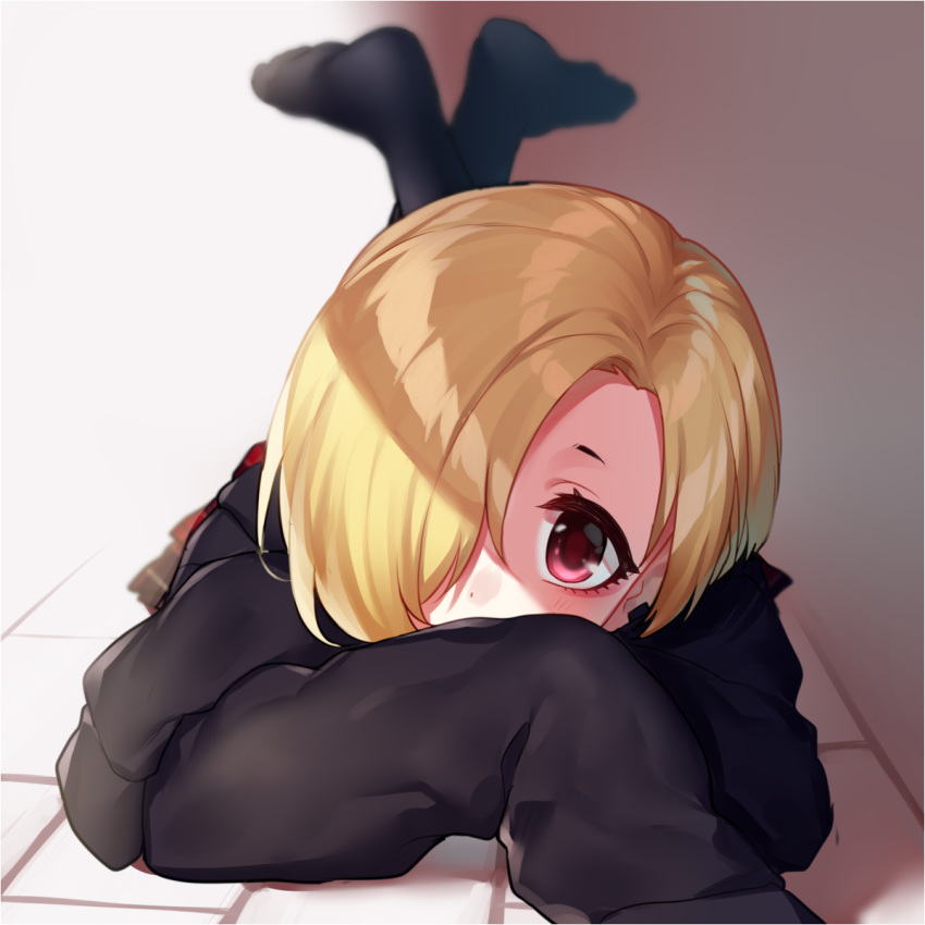1girl, black_hoodie, blonde_hair, blurry, blush, commentary, crossed_legs, depth_of_field