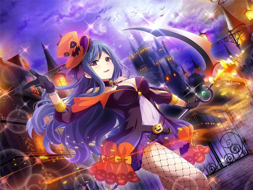 cape, dress, halloween, kochou_shizuha, long_hair, purple_hair, shoujo_kageki_revue_starlight, smile