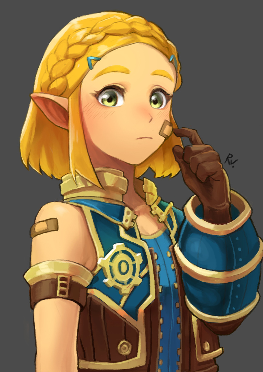 1girl, absurdres, armlet, bandaid, bandaid_on_face, bandaid_on_shoulder, bare_shoulders, black_background
