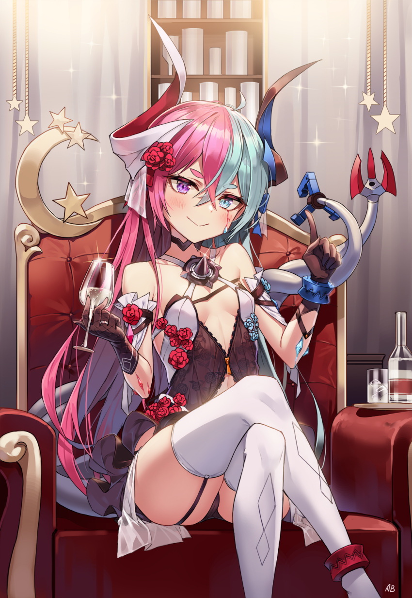 1girl, aliceblue, anklet, armchair, bangs, blue_eyes, blue_hair, bottle