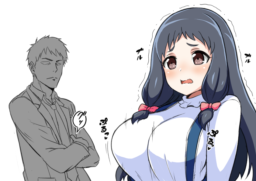 1boy, 1girl, black_hair, breasts, brown_eyes, idolmaster, idolmaster_cinderella_girls, large_breasts