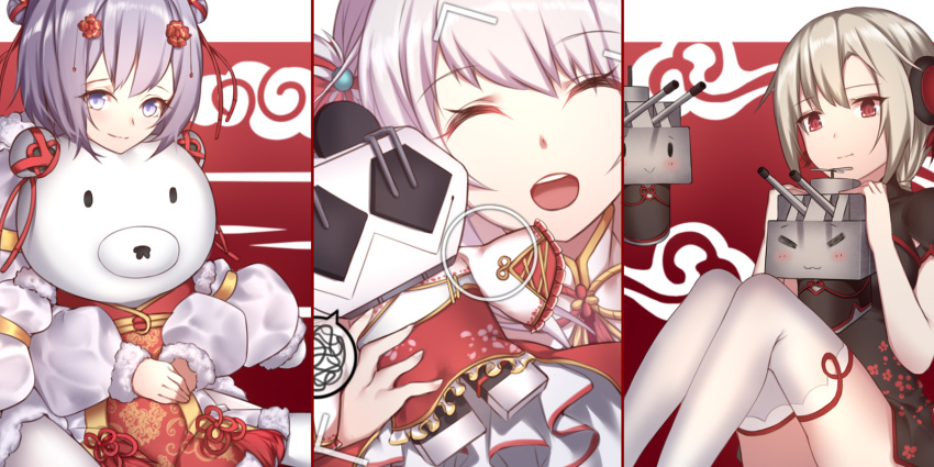 3girls, changchun_(warship_girls_r), chinese_clothes, close-up, closed_eyes, hair_ornament, hibiki_(warship_girls_r), highres