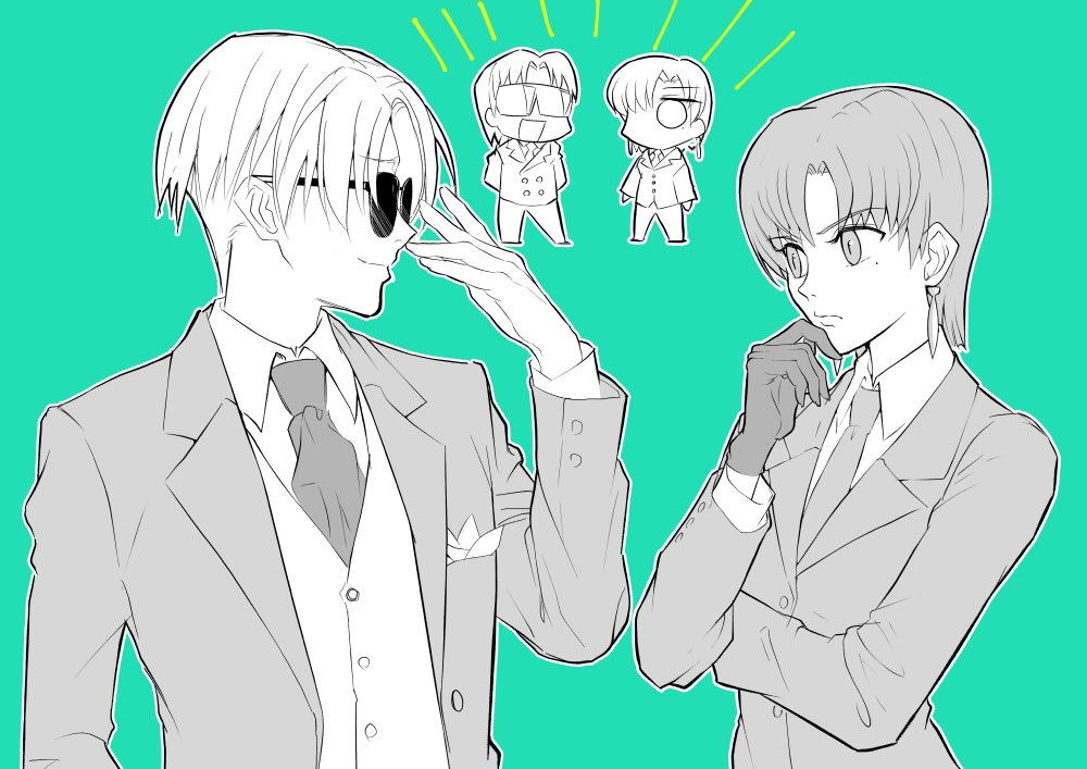 1boy, 1girl, bazett_fraga_mcremitz, chibi, chibi_inset, closed_mouth, earrings, eyebrows_visible_through_hair