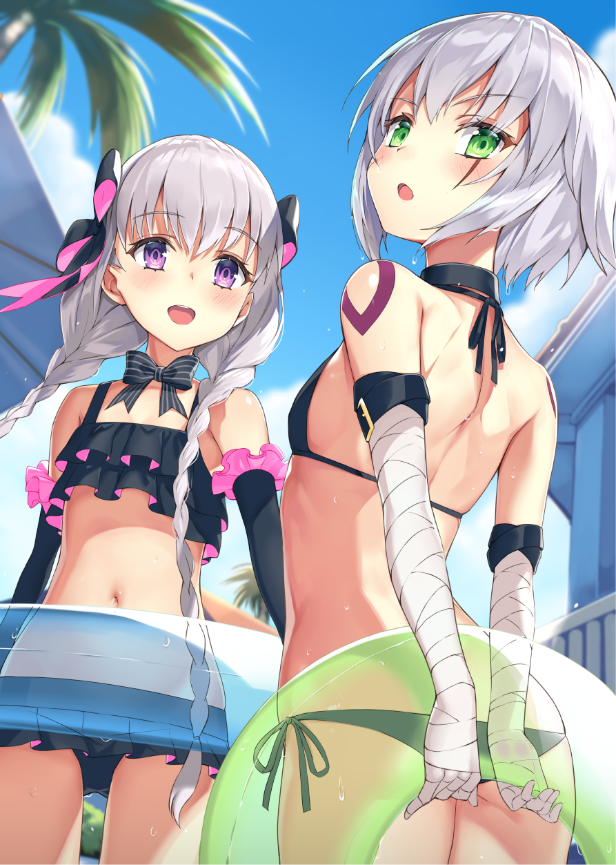 2girls, ass, back, bandaged_arm, bandages, bangs, bare_shoulders, bikini