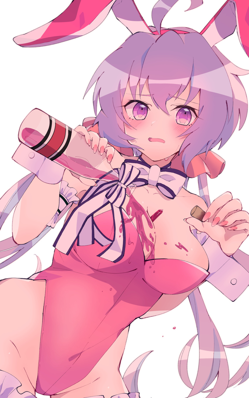 1girl, absurdres, ahoge, alcohol, animal_ears, bare_shoulders, bottle, breasts