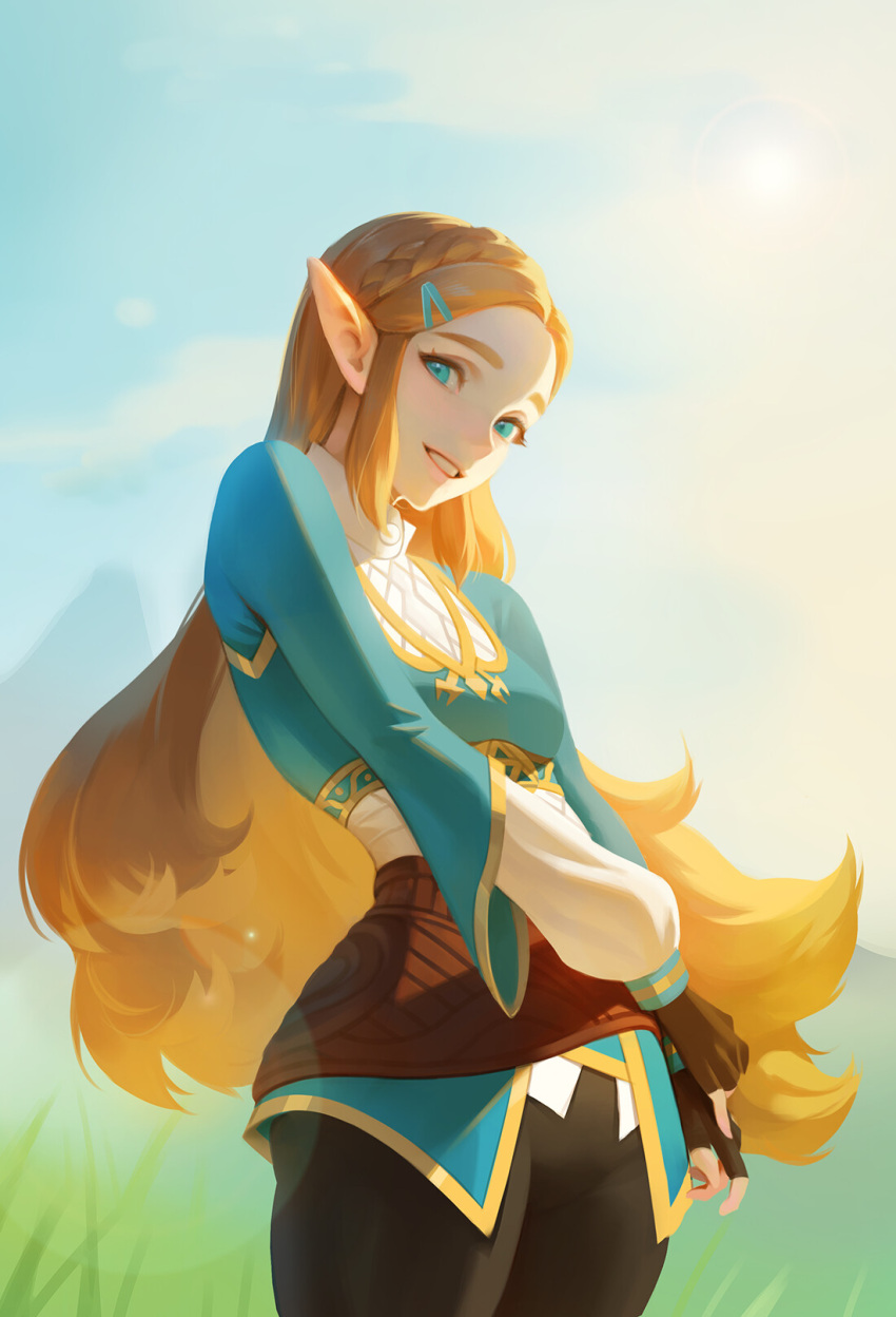 1girl, blonde_hair, blue_eyes, fingerless_gloves, gloves, grass, hair_ornament, hairclip