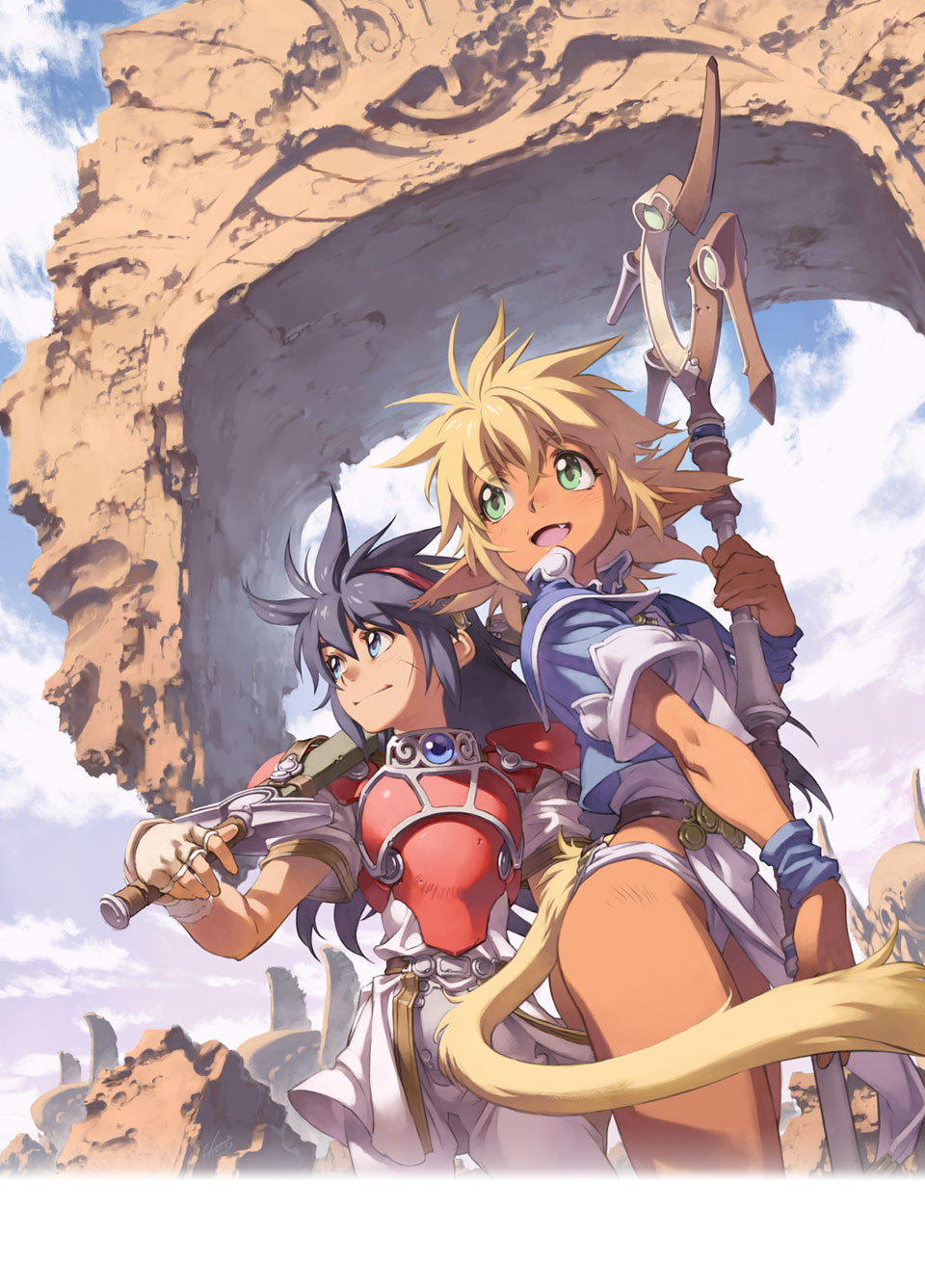 2girls, armor, blue_eyes, blue_hair, carrying_over_shoulder, copyright_name, day, fam