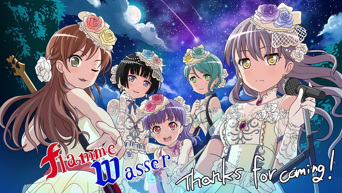 5girls, aqua_hair, bang_dream!, bass_guitar, black_hair, brown_hair, clouds, dress