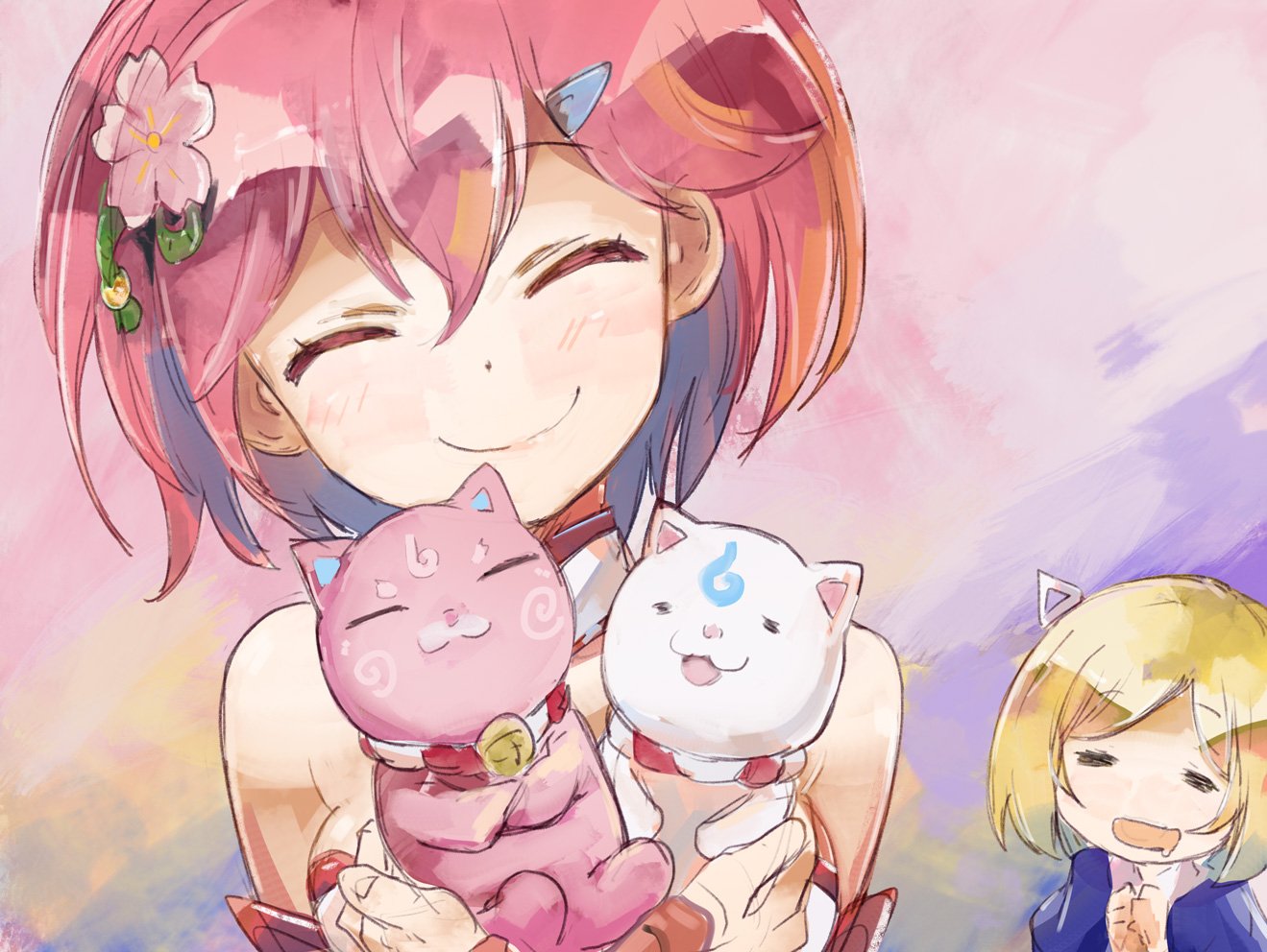2girls, 35p_(miko_channel), :3, aki_rosenthal, armband, bare_shoulders, bell, blonde_hair, blush, breasts, cat, cherry_blossoms, closed_eyes, closed_mouth, detached_sleeves, drooling, eyebrows_visible_through_hair, flower, hair_flower, hair_ornament, hairclip, hands_together, holding, holding_cat, hololive, kintoki_(miko_channel), medium_breasts, medium_hair, multiple_girls, pink_hair, sakura_miko, simple_background, smile, virtual_youtuber, yohane