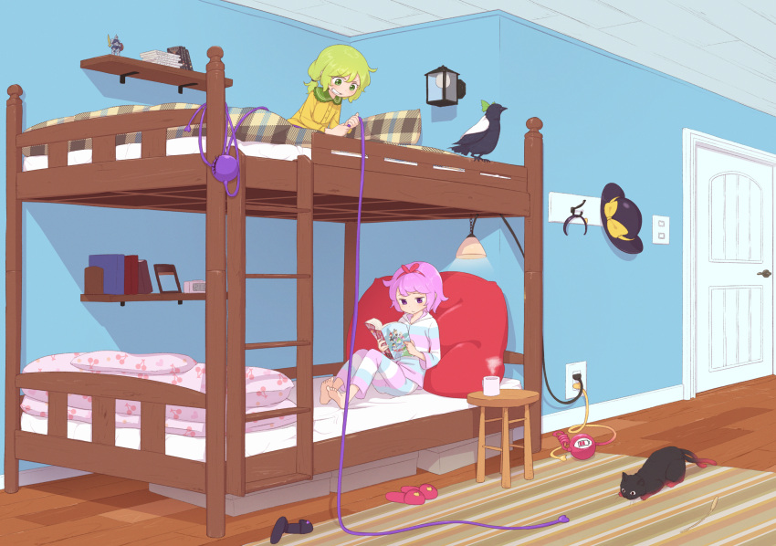 2girls, alternate_costume, alternate_hairstyle, barefoot, bed, bed_sheet, bedroom, blanket