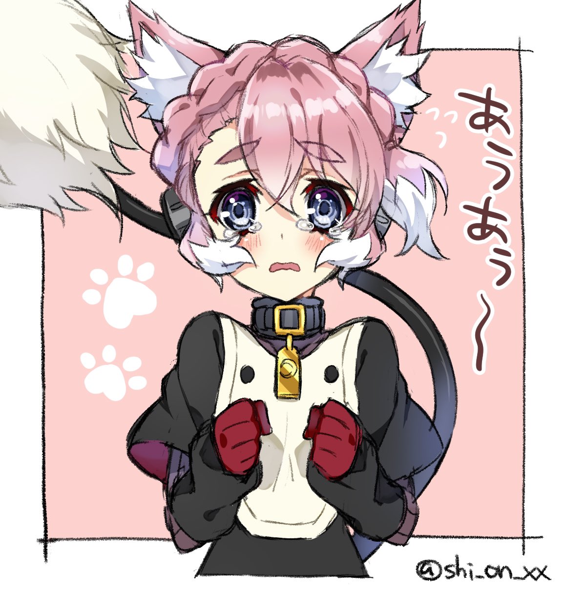 1girl, animal_ears, blue_eyes, braid, collar, dog_ears, elsa_(symphogear), gloves