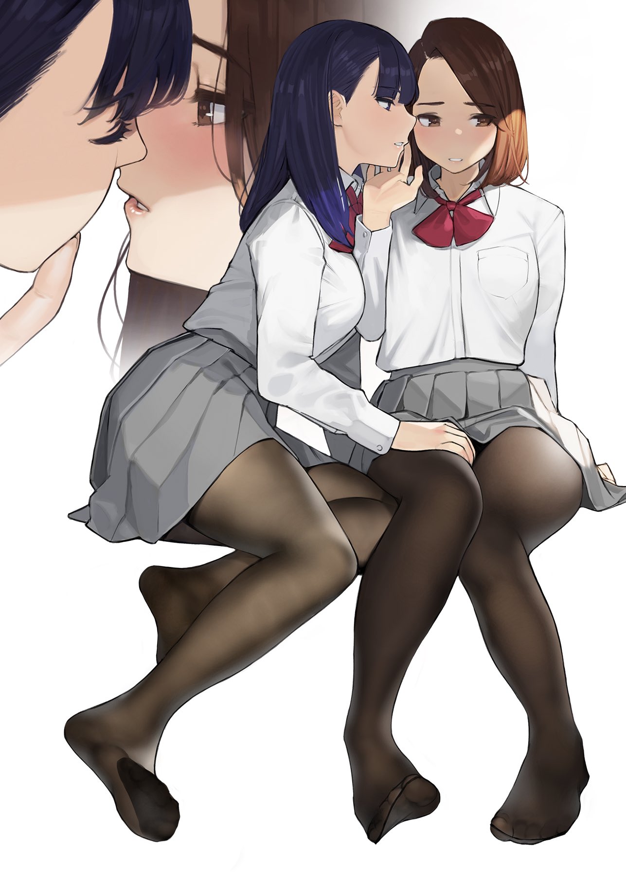 2girls, bangs, black_legwear, blocking_kiss, blue_eyes, blue_hair, blush, bow, bowtie, breast_pocket, breasts, brown_eyes, brown_hair, eyebrows_visible_through_hair, feet, full_body, grey_skirt, hand_on_another's_thigh, highres, long_hair, long_sleeves, miru_tights, moegi_homi, mole, mole_under_eye, multiple_girls, multiple_views, nakabeni_yua, no_shoes, open_mouth, pantyhose, parted_lips, pleated_skirt, pocket, red_neckwear, school_uniform, shirt, short_hair, simple_background, sitting, skirt, smile, thighband_pantyhose, white_background, white_shirt, yomu_(sgt_epper)