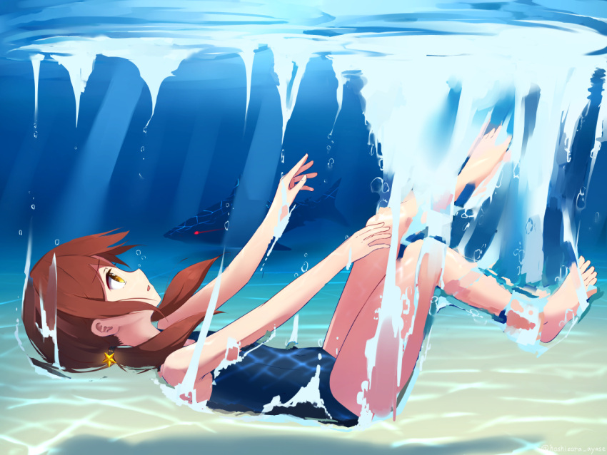 1girl, barefoot, brown_eyes, brown_hair, from_side, glowing, glowing_eyes, hoshizora_ayase
