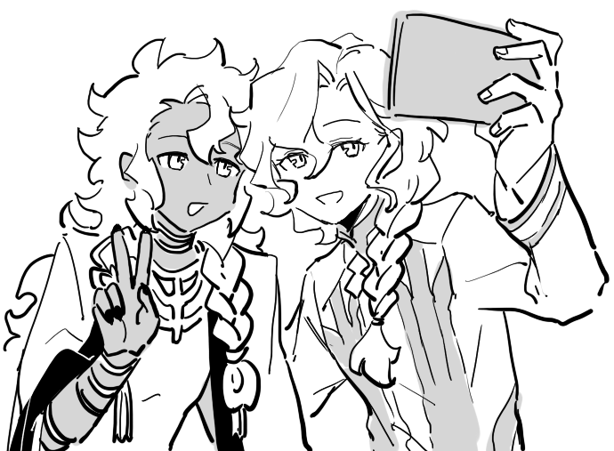 2boys, braid, cellphone, dark_skin, dark_skinned_male, fate/grand_order, fate_(series), greyscale, long_hair, look-alike, male_focus, marisbury_animusphere, monochrome, multiple_boys, naoaka, open_mouth, phone, self_shot, single_braid, smartphone, smile, solomon_(fate/grand_order), taking_picture, v