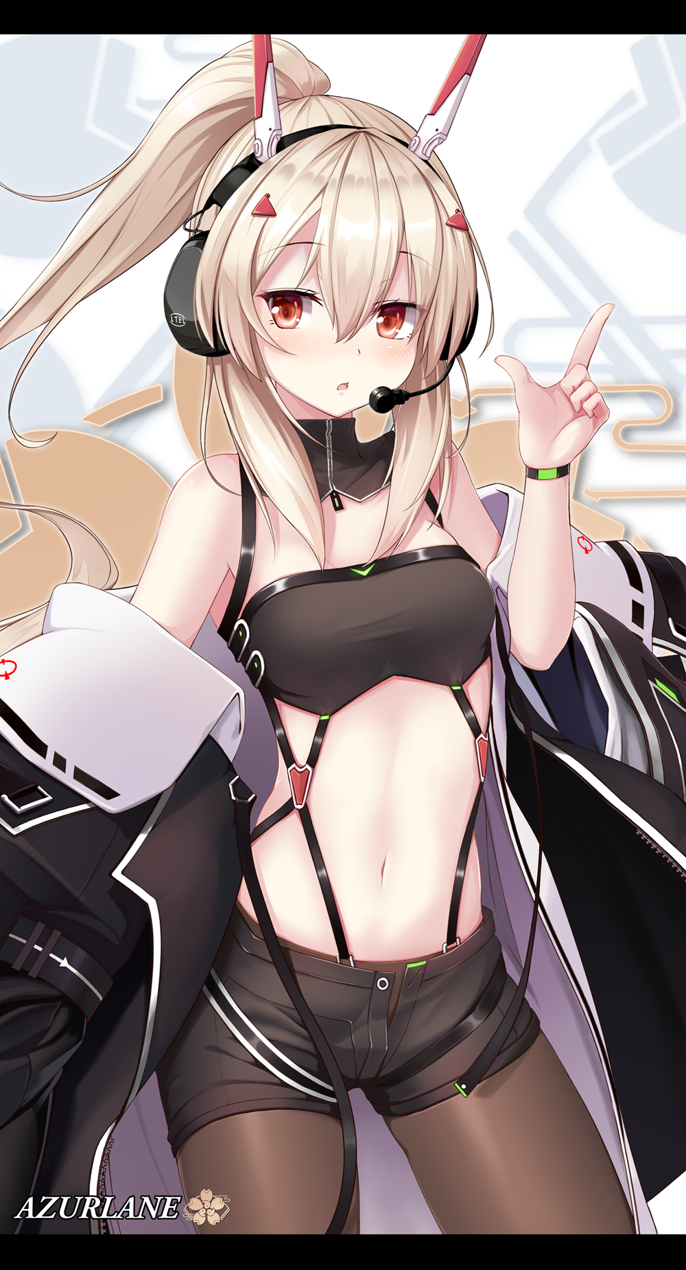 1girl, ayanami_(azur_lane), ayanami_(rock'n_kijin)_(azur_lane), azur_lane, bandeau, bare_shoulders, black_coat, black_shorts