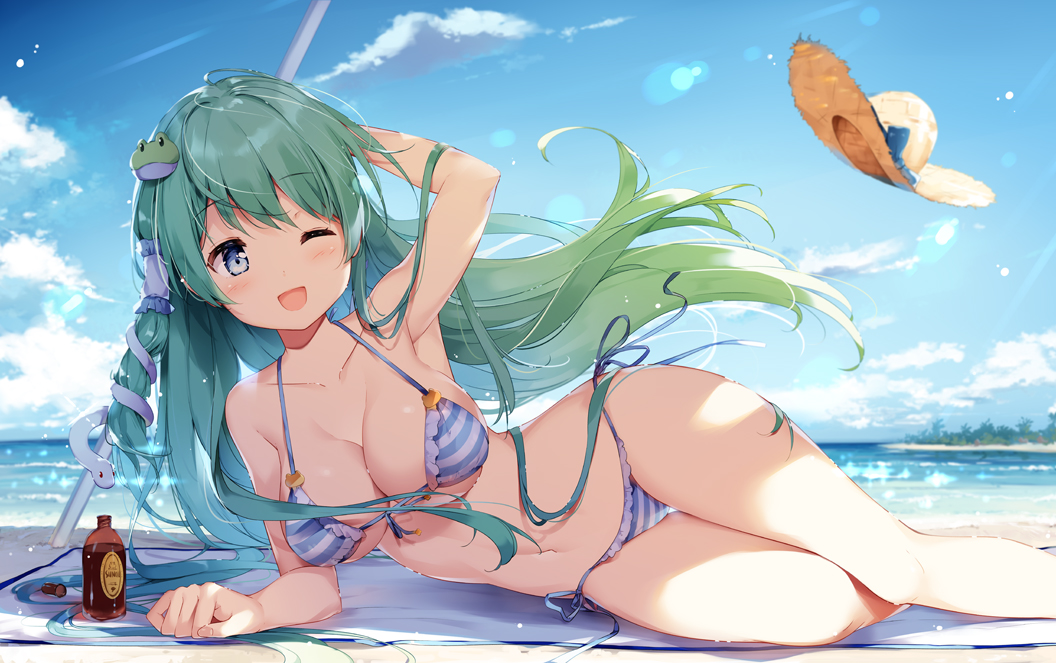 1girl, alternate_costume, armpits, beach, beach_palms, bikini, blue_bikini, blue_eyes, blush, bottle, breasts, clouds, fingernails, frog_hair_ornament, green_hair, hair_tubes, hand_on_head, hat, kochiya_sanae, leaves, long_hair, mat, miyase_mahiro, navel, on_side, open_mouth, outdoors, palms, reclining, ribbon, sand, sea, shade, sky, snake_hair_ornament, sparkling_water, star, striped, sunlight, swimsuit, touhou, wink