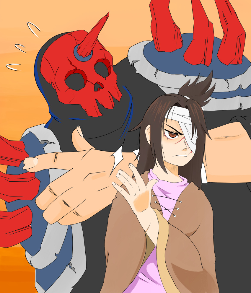 1girl, absurdres, bandage_over_one_eye, brown_eyes, brown_hair, buddy_(lisa), highres, horn