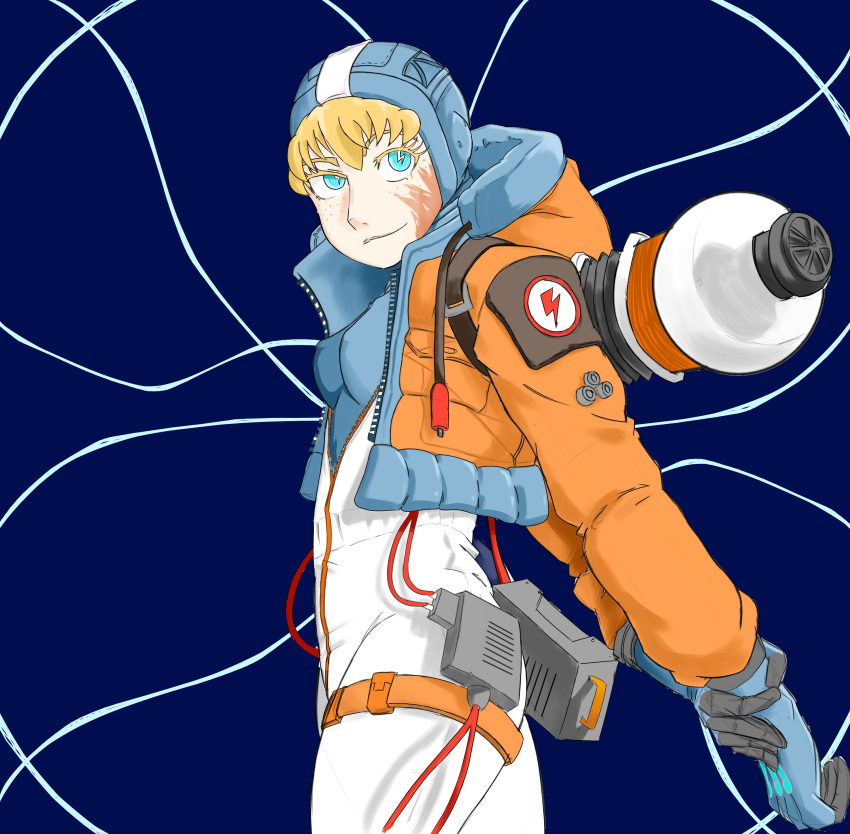 1girl, absurdres, apex_legends, arms_behind_back, blonde_hair, blue_eyes, coat, electricity