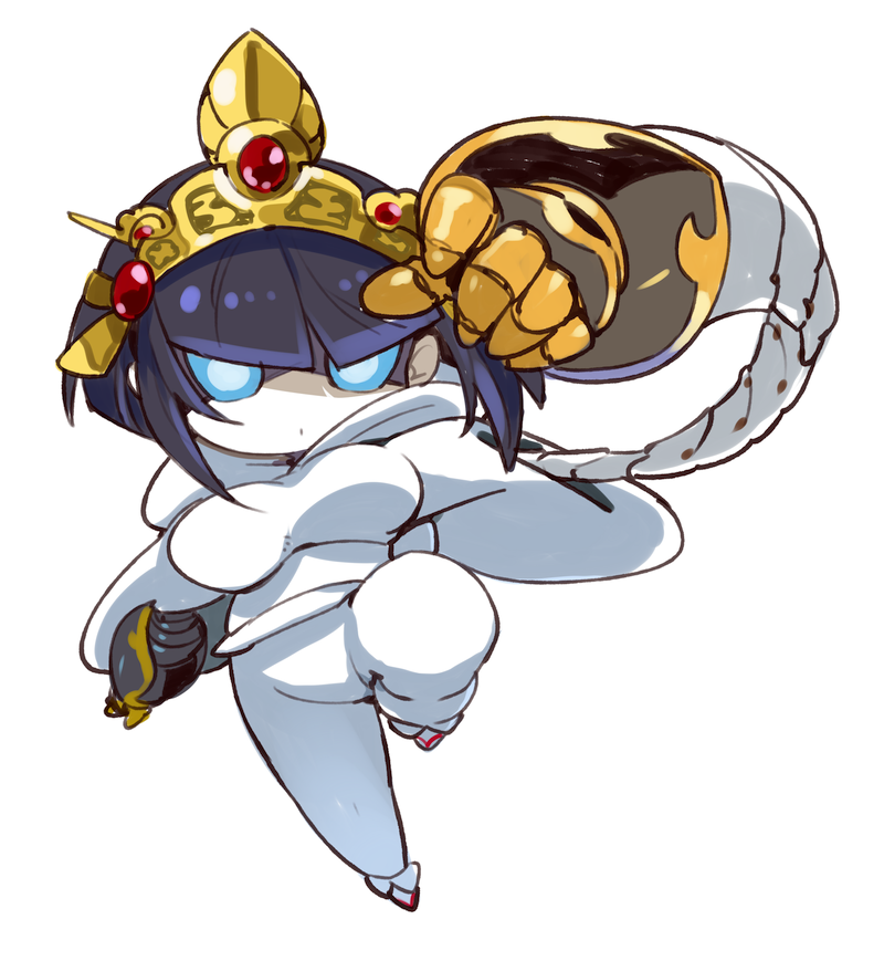 1girl, black_hair, blue_eyes, breasts, chibi, large_breasts, looking_at_viewer, mota