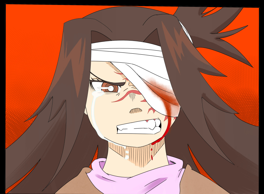 1girl, bandage_over_one_eye, blood, bloody_tears, brown_eyes, brown_hair, buddy_(lisa), crying