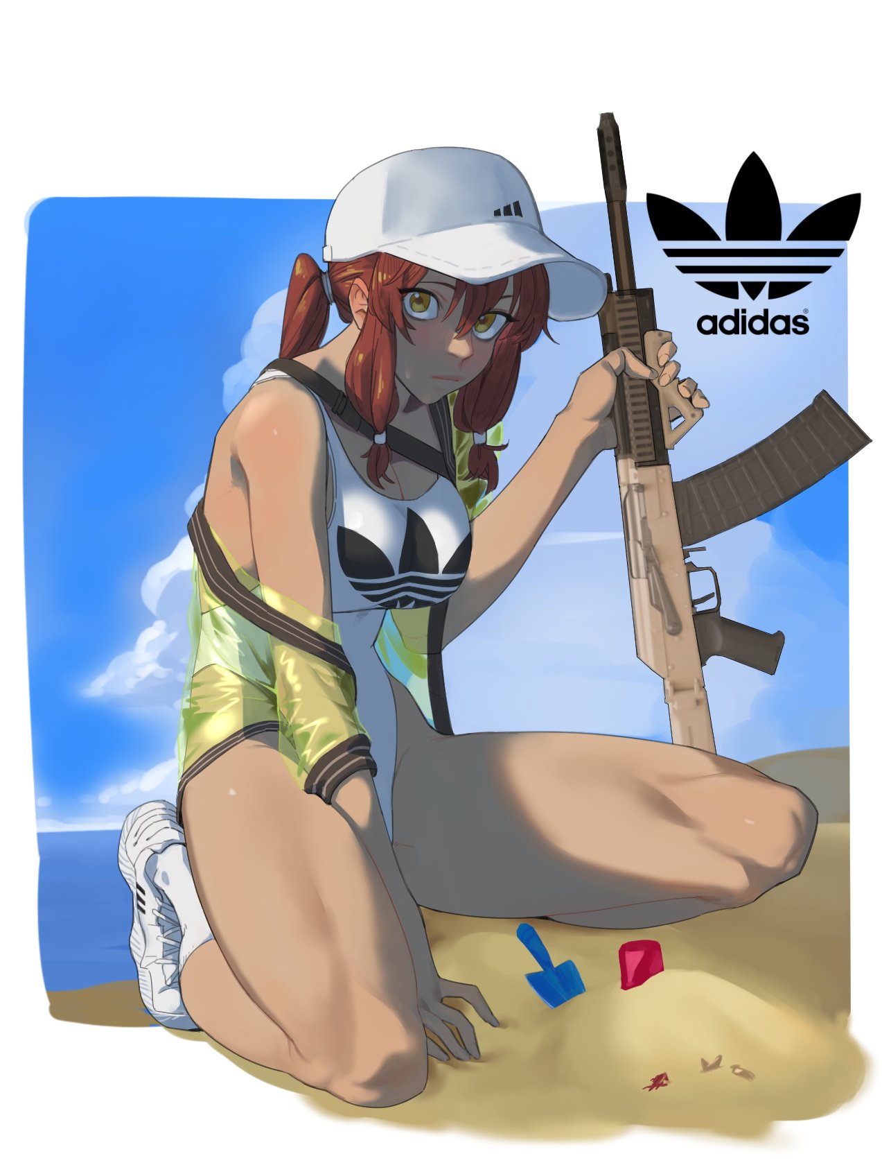 1girl, adidas, alternate_costume, baseball_cap, beach, blue_sky, breasts, girls_frontline