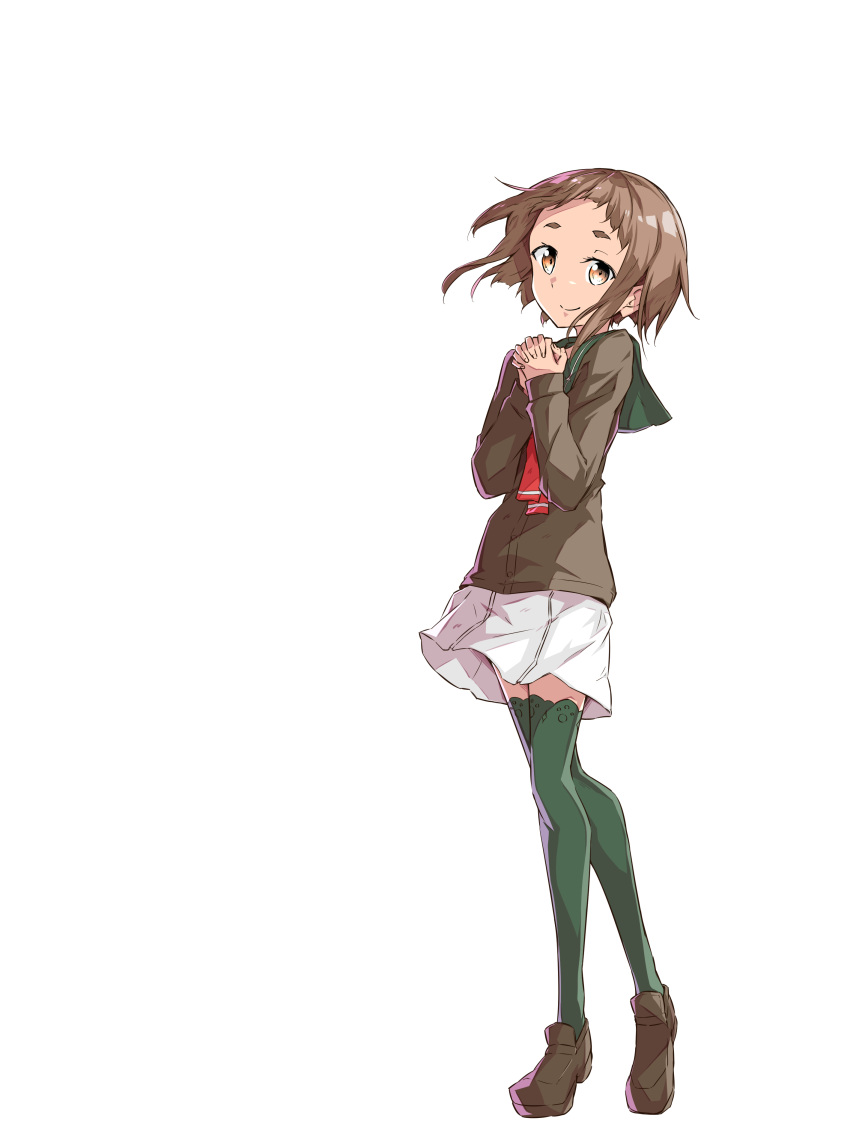 1girl, absurdres, brown_cardigan, brown_footwear, cardigan, closed_mouth, commentary_request, green_legwear, hands_clasped, highres, kagajou_suzume, kusunoki_mebuki_wa_yuusha_de_aru, loafers, long_sleeves, looking_at_viewer, own_hands_together, sakuria, school_uniform, serafuku, shoes, short_hair_with_long_locks, simple_background, smile, solo, standing, thigh-highs, white_background, yuusha_de_aru