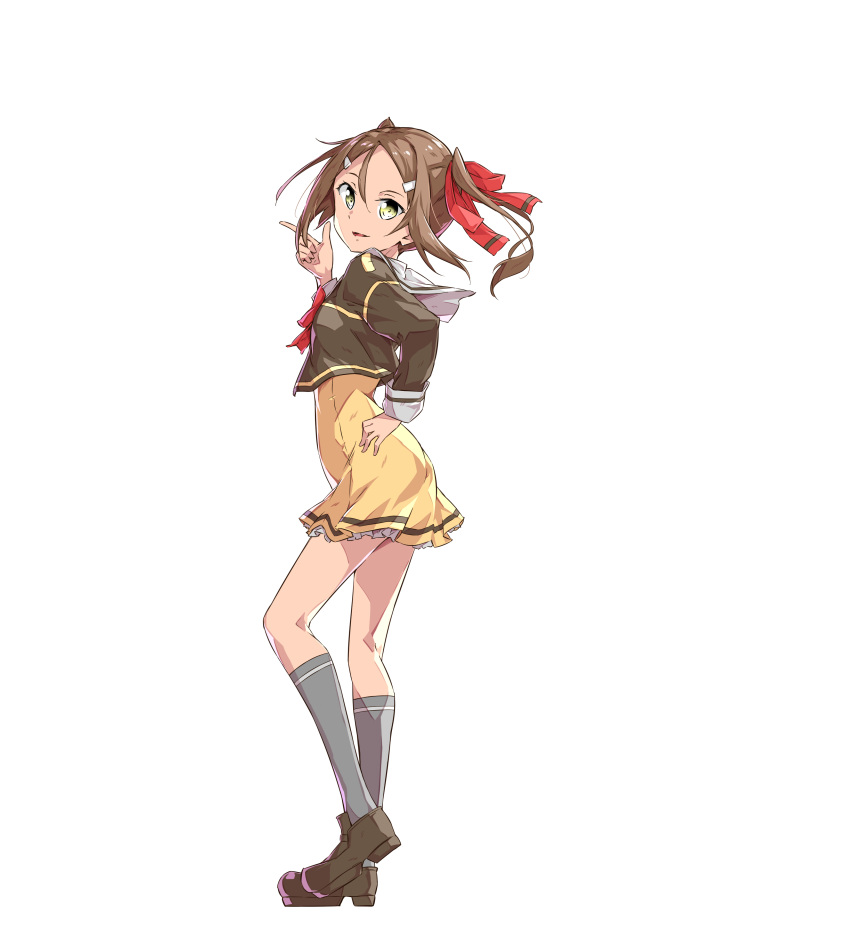 1girl, absurdres, brown_footwear, brown_hair, commentary_request, dress, from_side, green_eyes, grey_legwear, hair_between_eyes, hair_ornament, hair_ribbon, hairclip, hand_on_hip, highres, kneehighs, loafers, long_sleeves, looking_at_viewer, miyoshi_karin, parted_lips, red_ribbon, ribbon, sakuria, sanshuu_middle_school_uniform, school_uniform, shoes, simple_background, solo, standing, twintails, white_background, yellow_dress, yuuki_yuuna_wa_yuusha_de_aru, yuusha_de_aru