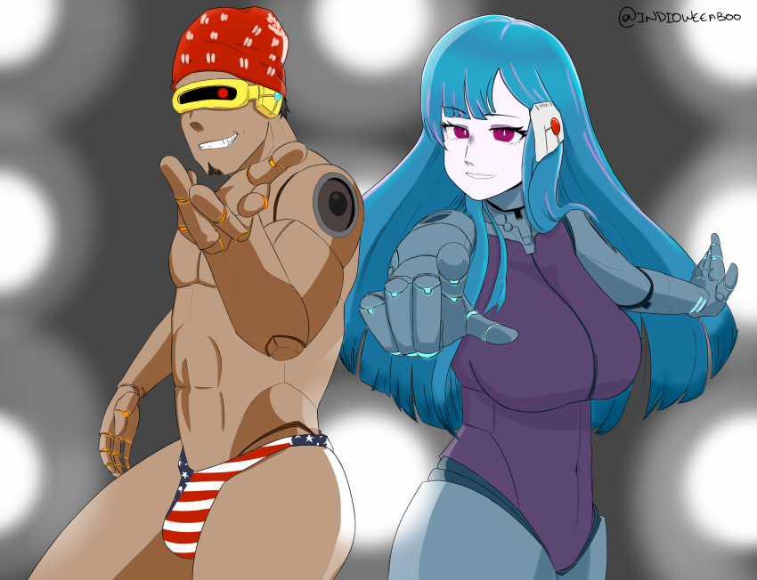 1boy, 1girl, absurdres, android, blue_hair, breasts, bulge, crossover