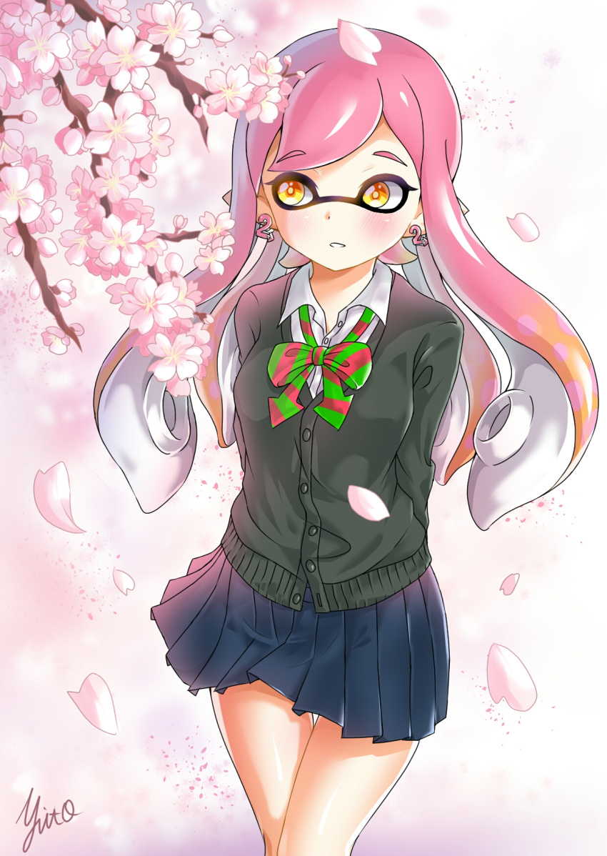 1girl, arms_behind_back, artist_name, bangs, black_sweater, bow, bowtie, branch, cardigan, cherry_blossoms, commentary, cowboy_shot, cute, diagonal-striped_neckwear, domino_mask, dress_shirt, earrings, eyebrows_visible_through_hair, green_neckwear, highres, inkling, jewelry, light_blush, light_smile, logo, long_hair, long_sleeves, mask, miniskirt, multicolored_neckwear, navy_blue_skirt, nintendo, nintendo_ead, orange_eyes, parted_lips, pink_hair, pleated_skirt, pointy_ears, red_neckwear, school_uniform, shirt, signature, skirt, solo, splatoon_(series), splatoon_2, spring_(season), squid_girl, standing, sweater, swept_bangs, tentacle_hair, thighs, white_shirt, wing_collar, yuito_(yuitokobunasbs0)