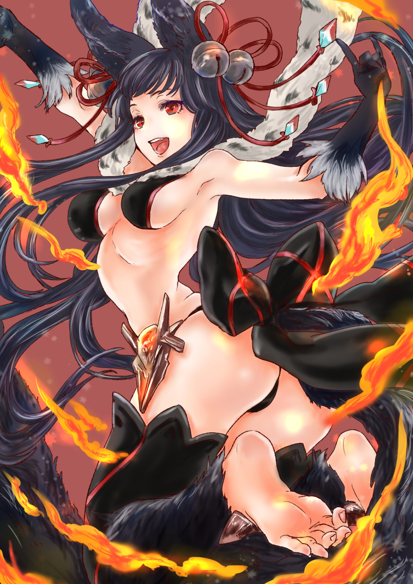 1girl, animal_ears, armpits, ass, barefoot, bell, bikini, black_bikini