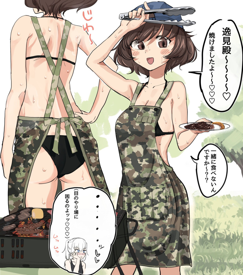 2girls, akiyama_yukari, apron, bangs, bikini, blue_eyes, blush, brown_eyes
