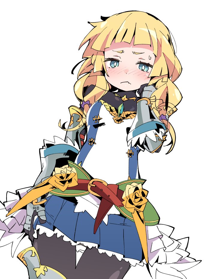 1girl, belt, black_bodysuit, blonde_hair, blue_eyes, blush, bodysuit, closed_mouth
