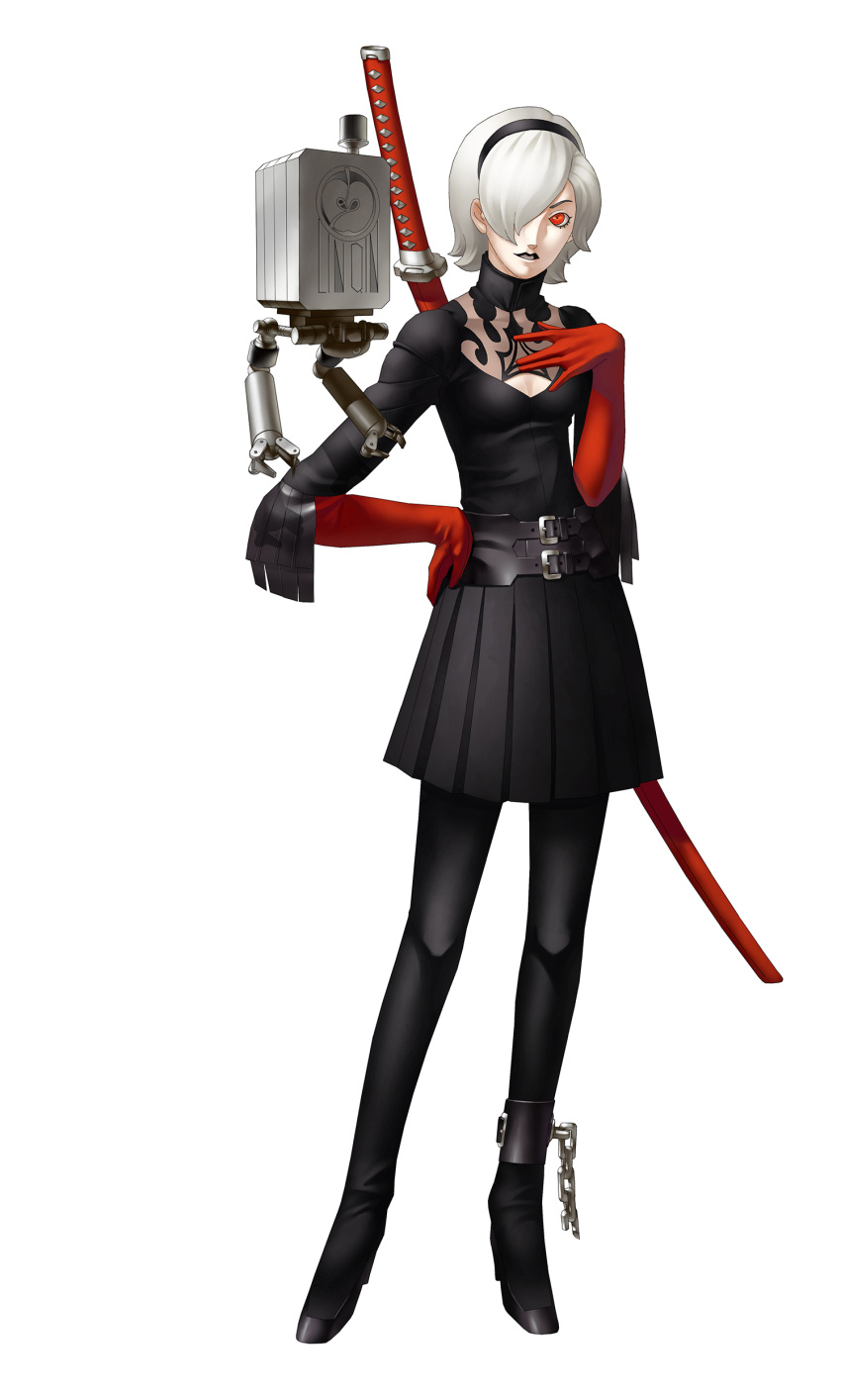 1girl, absurdres, adapted_costume, ankle_cuffs, belt, black_dress, chain, contrapposto