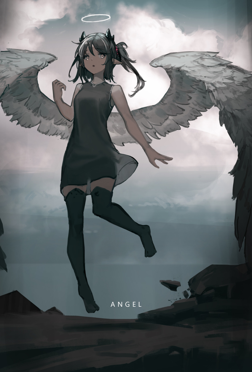 1girl, absurdres, angel, bangs, black_dress, black_legwear, blue_sky, brown_eyes