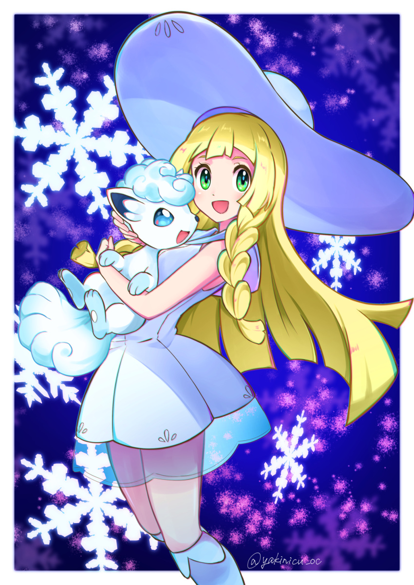 1girl, alolan_form, alolan_vulpix, blonde_hair, braid, dress, gen_1_pokemon, green_eyes, hat, highres, holding, holding_pokemon, lillie_(pokemon), long_hair, open_mouth, pokemon, pokemon_(anime), pokemon_(creature), pokemon_sm_(anime), see-through, sleeveless, sleeveless_dress, snowflakes, sun_hat, twin_braids, twitter_username, white_dress, white_headwear, yakiniku_oc