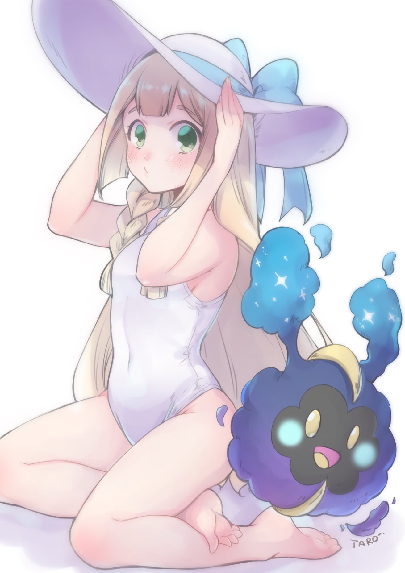 1girl, barefoot, blonde_hair, braid, cosmog, gen_7_pokemon, green_eyes, hands_on_headwear