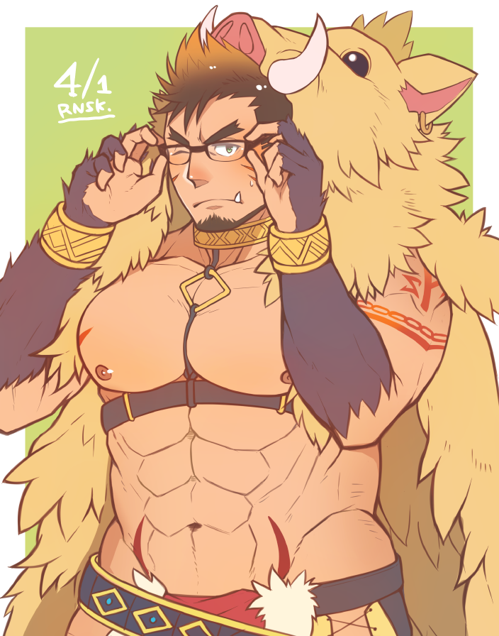 1boy, abs, animal_costume, bara, beard, belt, biceps, blue_eyes