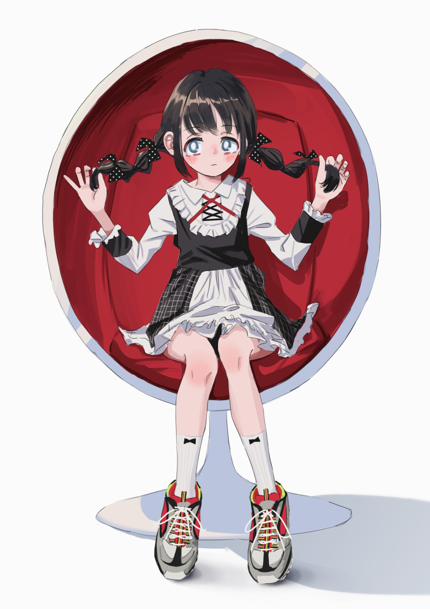 1girl, absurdres, black_hair, bow, braid, dress, egg_chair, full_body, grey_eyes, hair_bow, highres, long_hair, long_sleeves, nadegata, original, plaid, plaid_skirt, polka_dot, polka_dot_bow, shoes, sitting, skirt, sneakers, socks, solo, twin_braids, white_background, white_legwear