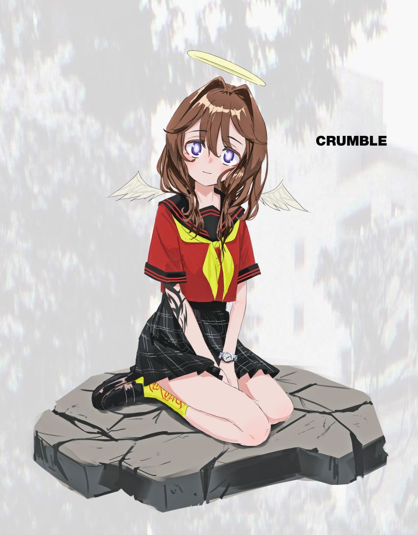 1girl, absurdres, angel_wings, black_footwear, brown_hair, full_body, halo, highres