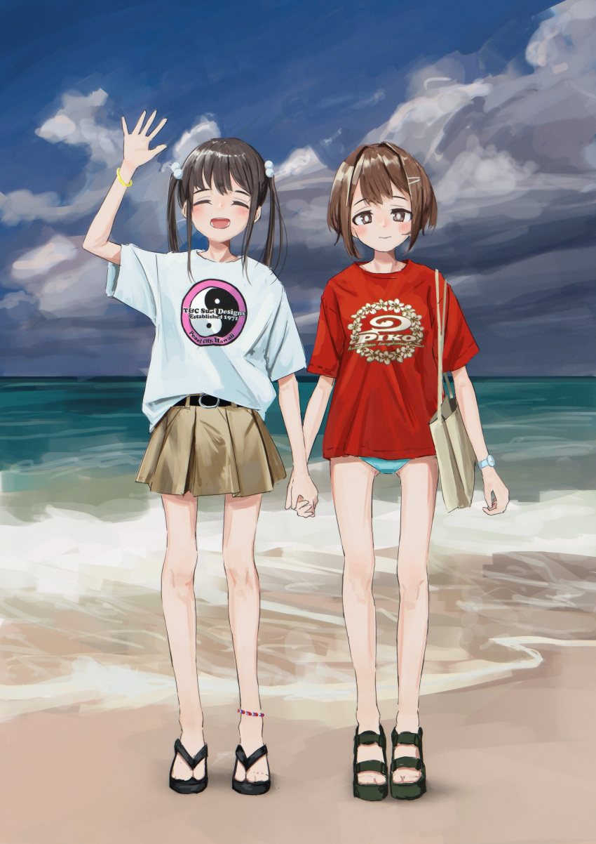 2girls, absurdres, anklet, beach, belt, closed_eyes, full_body, highres