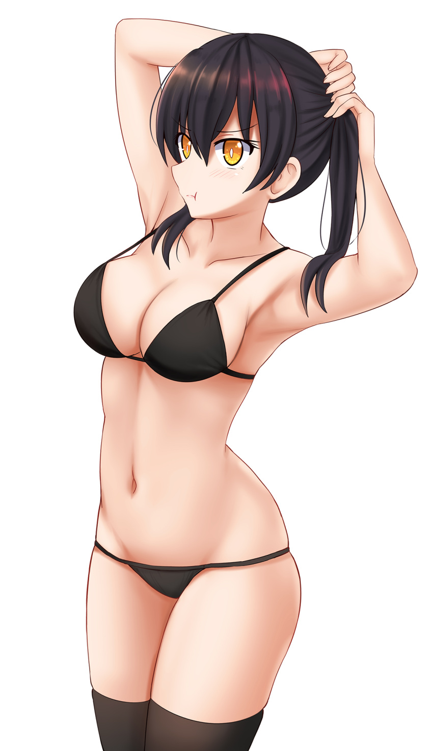 1girl, :t, armpits, arms_up, bare_arms, bare_shoulders, black_bra, black_hair
